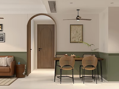 Cozy Dining and Living Room Interior With Archway Wooden Door Woven Chairs And Ceiling Fan 3d model