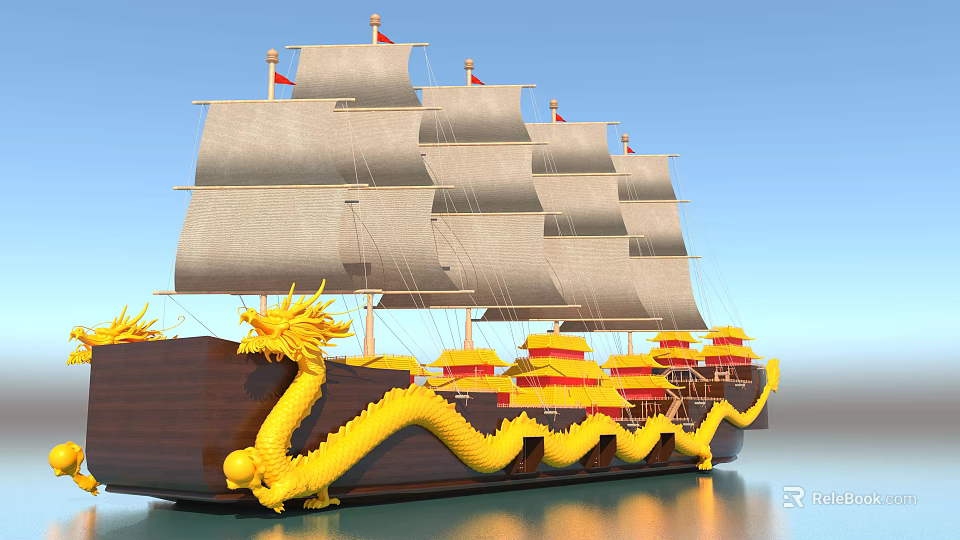 Traditional Wooden Ship with Yellow Dragon Ornaments White Sails on Calm Blue Water 3d model 
