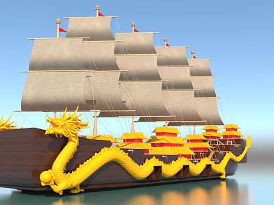Traditional Wooden Ship with Yellow Dragon Ornaments White Sails on Calm Blue Water 3d model