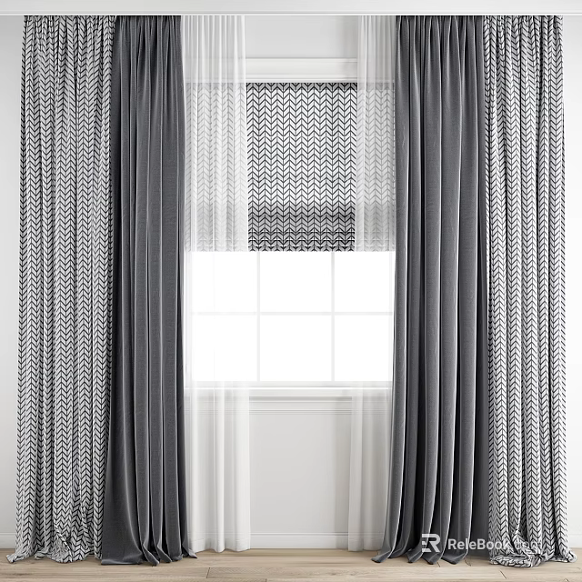 Gray Patterned Curtains With Sheer White Panels And Geometric Window Accents 3d model