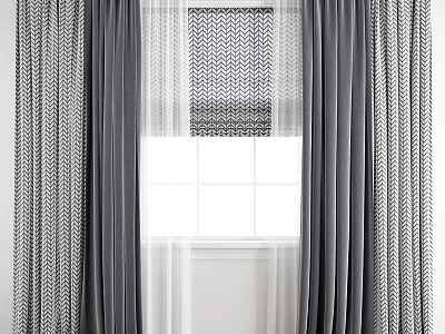 Gray Patterned Curtains With Sheer White Panels And Geometric Window Accents 3d model