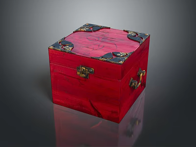 Red Wooden Decorative Box With Metal Corners Lock And Carved Design 3d model