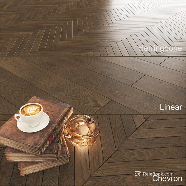 Wooden Floor with Herringbone and Linear Patterns Featuring Coffee Cup Old Book and Glass Container 3d model 