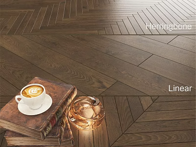 Wooden Floor with Herringbone and Linear Patterns Featuring Coffee Cup Old Book and Glass Container 3d model