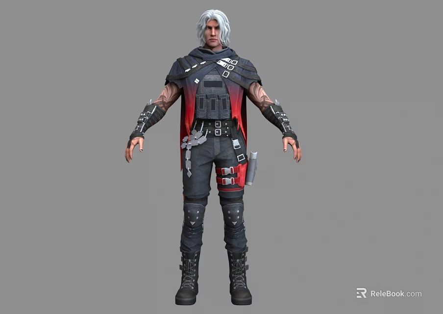 Man With White Hair In Red And Black Tactical Outfit Leather Cape And Combat Boots 3d model 