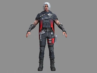 Man With White Hair In Red And Black Tactical Outfit Leather Cape And Combat Boots 3d model