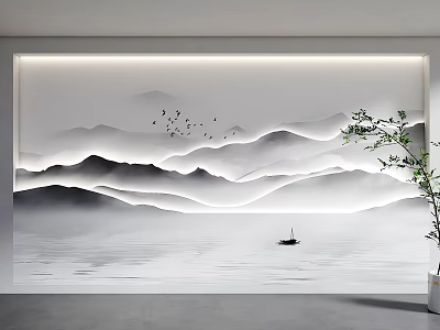 Chinese Style Minimalist Sofa Backdrop Wall With Landscape Birds And Boat 3d model