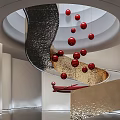 Black Spiral Staircase With Hanging Red Spheres In Modern Interior Design