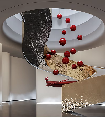 Black Spiral Staircase With Hanging Red Spheres In Modern Interior Design 3d model