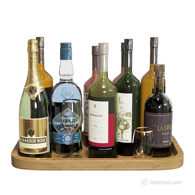 Elegant Arrangement of Various Wine Bottles and Wine Glasses on Wooden Tray 3d model 