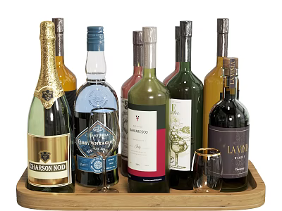 Elegant Arrangement of Various Wine Bottles and Wine Glasses on Wooden Tray 3d model
