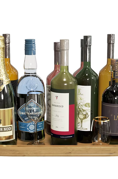 Elegant Arrangement of Various Wine Bottles and Wine Glasses on Wooden Tray 3d model