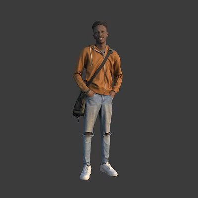 A Man Standing in Orange Hoodie Blue Ripped Jeans White Sneakers and Black Crossbody Bag 3d model