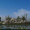Garden Ornament Featuring Small Pond White Boulders White Pottery Jars Green Plants and Reflections