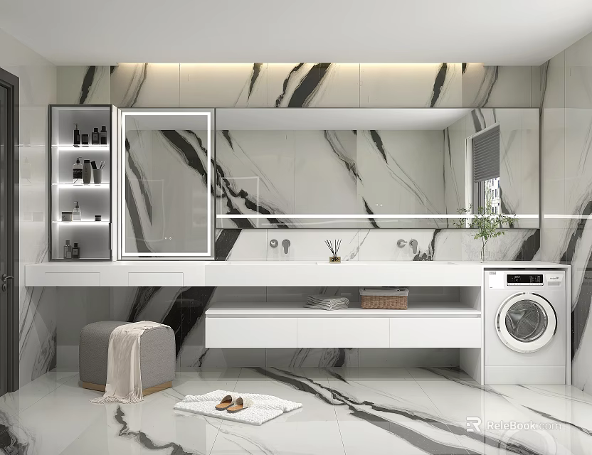 Modern Bathroom Vanity Cabinet with Marble Wall Large Mirror Double Sinks and Washing Machine 3d model 