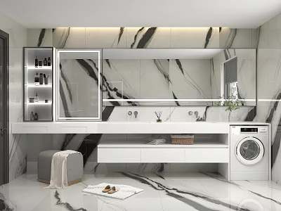 Modern Bathroom Vanity Cabinet with Marble Wall Large Mirror Double Sinks and Washing Machine 3d model