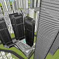 Modern Commercial Complex With Tall Glass Curtain Wall Buildings And Surrounding Greenery