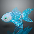 Game Movie Character Blue Transparent Skeletal Fish with Green Eyes and Glowing Lines