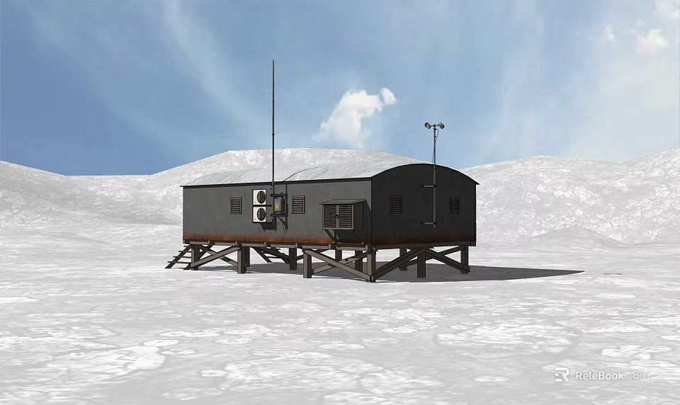 Small Black Cabin On Raised Platform With Antenna Lights In Snowy Landscape 3d model 