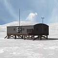 Small Black Cabin On Raised Platform With Antenna Lights In Snowy Landscape