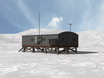 Small Black Cabin On Raised Platform With Antenna Lights In Snowy Landscape 3d model