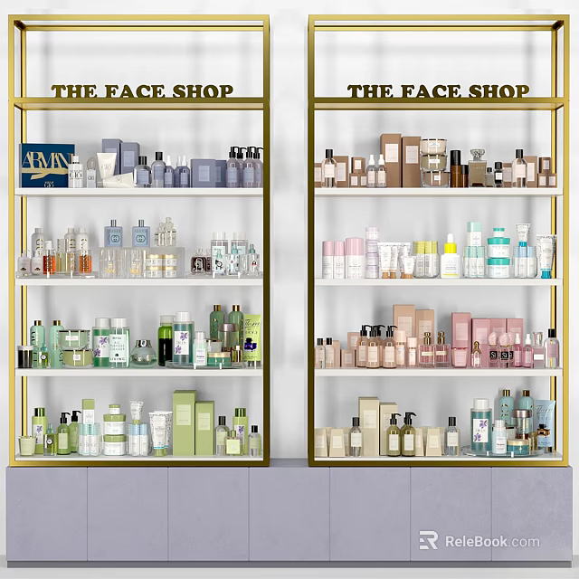Display Shelves Showcasing Various Cosmetics And Skincare Products In Retail Store 3d model 