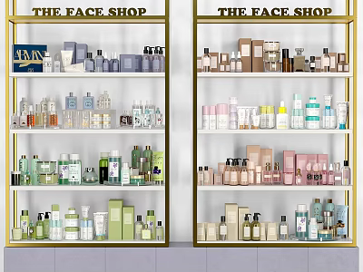 Display Shelves Showcasing Various Cosmetics And Skincare Products In Retail Store 3d model