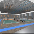 Modern Fitness Gym Interior With Badminton Courts Treadmills Wooden Flooring And Blue Lighting