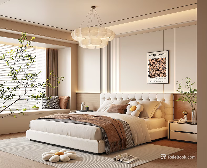 Cozy Bedroom Interior With Upholstered Headboard Chandelier Decorative Painting And Green Plants 3d model 