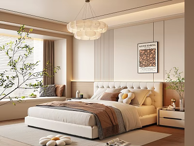 Cozy Bedroom Interior With Upholstered Headboard Chandelier Decorative Painting And Green Plants 3d model