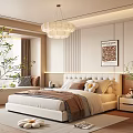 Cozy Bedroom Interior With Upholstered Headboard Chandelier Decorative Painting And Green Plants