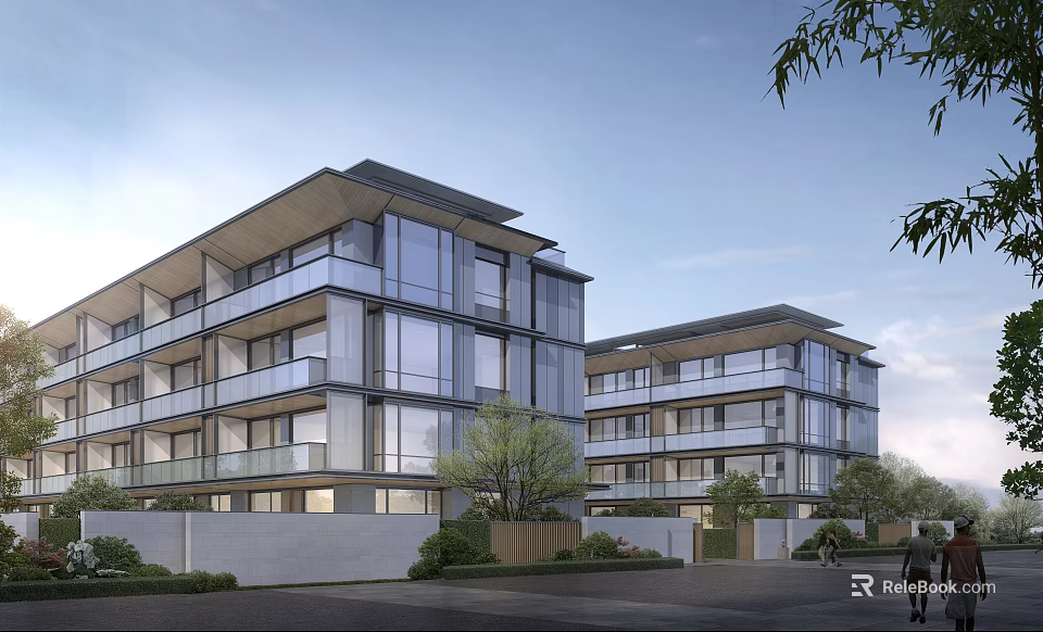 Modern Townhouses Exterior Design Featuring Glass Curtain Walls Balconies And Roadside Greenery 3d model 