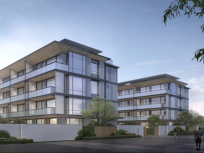 Modern Townhouses Exterior Design Featuring Glass Curtain Walls Balconies And Roadside Greenery 3d model