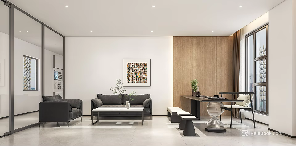 Cozy Modern Lounge Interior With Gray Sofa Black Coffee Table Wooden Accent Wall And Plants 3d model 