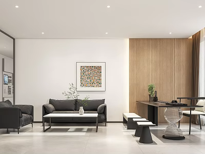 Cozy Modern Lounge Interior With Gray Sofa Black Coffee Table Wooden Accent Wall And Plants 3d model