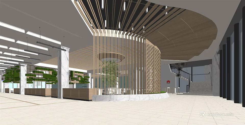 Modern Restaurant Interior With Wooden Strip Ceiling Circular Partition Marble Floor Green Plants And Staircase 3d model 