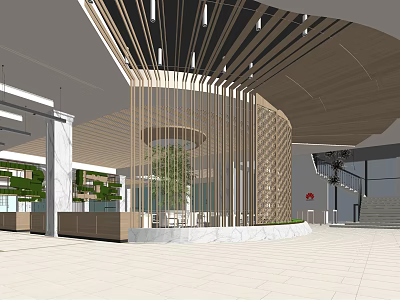 Modern Restaurant Interior With Wooden Strip Ceiling Circular Partition Marble Floor Green Plants And Staircase 3d model