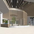 Modern Restaurant Interior With Wooden Strip Ceiling Circular Partition Marble Floor Green Plants And Staircase