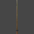Golden and Red Glowing Weapon with Intricate Curved Metallic Decorative Patterns