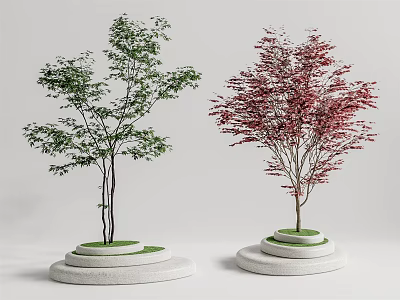 Two Trees with Green and Red Leaves on Circular White Bases Green Lawns Gray Background 3d model