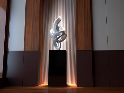 Modern Abstract Sculpture Display On Black Pedestal With Illuminated Wooden Walls 3d model