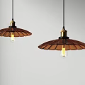 Two Retro Pendant Lights With Brown Fan Shaped Shades Golden Bases And Yellow Bulbs