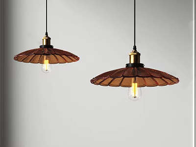 Two Retro Pendant Lights With Brown Fan Shaped Shades Golden Bases And Yellow Bulbs 3d model