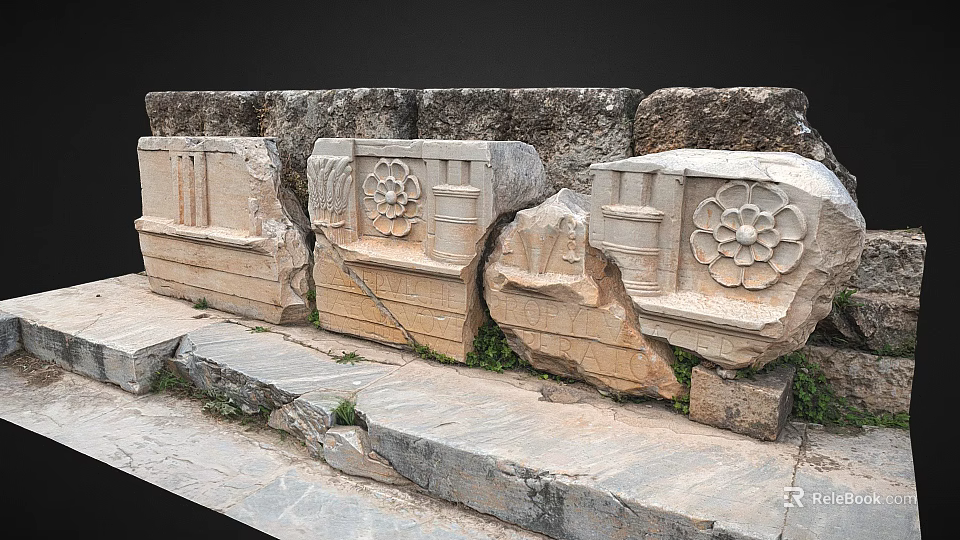 Ancient Stone Carved Architectural Elements With Intricate Floral And Geometric Motifs 3d model 