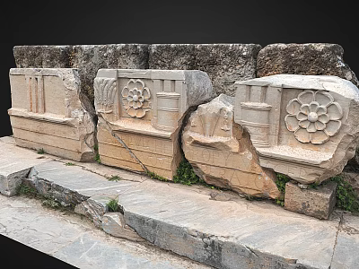Ancient Stone Carved Architectural Elements With Intricate Floral And Geometric Motifs 3d model