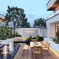 Modern Courtyard Garden With Lush Green Plants Wooden Seating And Stone Pathway