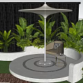 Outdoor Garden Canopy with Circular Platform Lush Green Plants and Seating Area