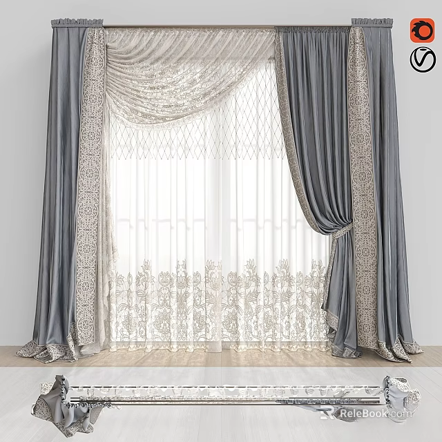 Gray Curtains With Sheer Lace Panels And Intricate Floral Patterns For Windows 3d model 