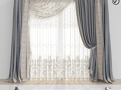 Gray Curtains With Sheer Lace Panels And Intricate Floral Patterns For Windows 3d model