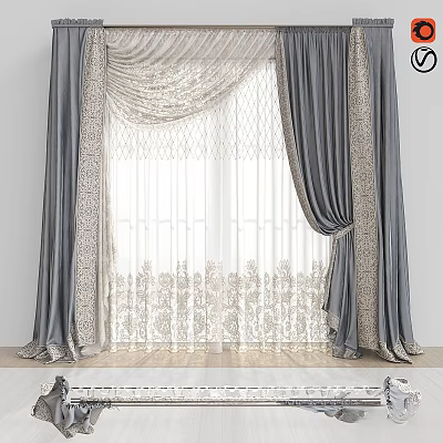 Gray Curtains With Sheer Lace Panels And Intricate Floral Patterns For Windows 3d model
